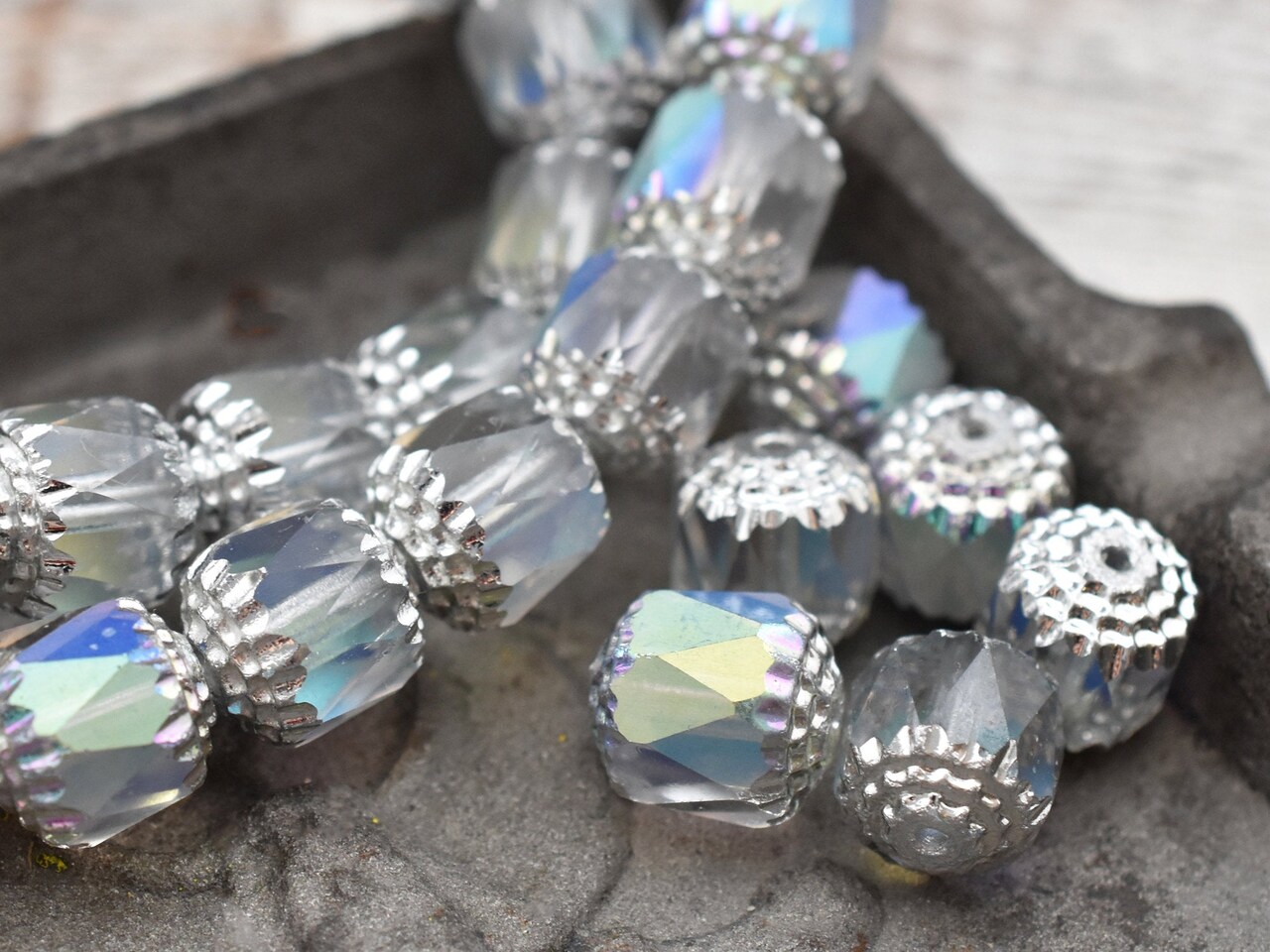 Silver Washed Crystal Apollo AB Fire Polished Cathedral Beads
